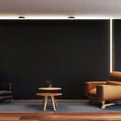 Modern living room with black walls, a chair and wooden console, generative AI