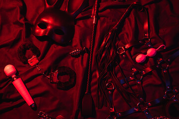Vibrator, whip, handcuffs and mask for BDSM sex with submission and domination. A set of adult...