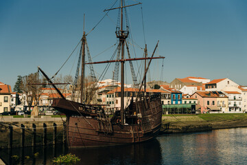 Vila do Conde, Portugal - November 2022 view of Vila do Conde marina witha replica of a 16th century ship