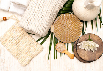 Spa concept with a towel and salt is for relaxation