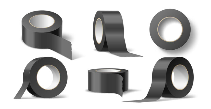 Black electrical tape. Realistic self adhesive tape rolls, sticky strips, different angles mockup, electricity insulation, blank clean 3d isolated elements, delivery packaging utter vector set