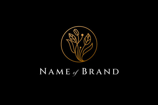 Plants logo in luxury gold color in circle frame with line art design style