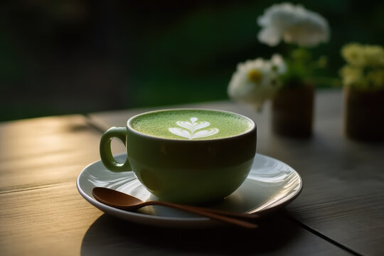 Close up cup of green tea matcha latte in white cup with powder, latte art, hot green tea, milk, soy milk, traditional beverage, with flowers on a wooden table, generative AI