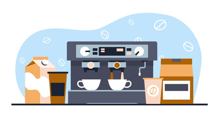 Coffee time, cups, coffee machine and coffee beans, creamer. Hot caffeine drink into ceramic mugs. Automatic espresso maker, cafe kitchenware cartoon flat style isolated vector concept