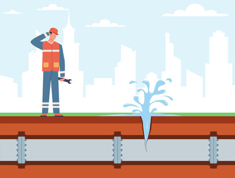City water pipe bursts, jet of water bursts out of ground. Repairer man fixing leaking broken sewer. Plumber repair, damaged plastic pipeline. Cartoon flat illustration. Vector concept