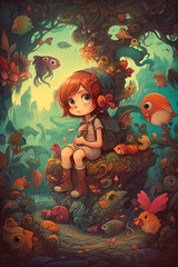 Obraz na płótnie Canvas The Little Girl in the Land of Enchanted Creatures: A Comic-Style Digital Painting in Bright and Contrasting Colors