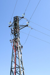 Electric pole electricity current blue sky pylon panorama landscape ecological