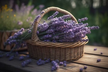 Fototapeta na wymiar Wicker basket of freshly cut lavender flowers on a natural wooden bench among a field of lavender bushes. The concept of spa, aromatherapy, cosmetology. Soft selective focus. Generative AI