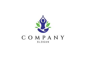 Obraz premium Healthy lifestyle logo with meditation symbol decorated with leaves in flat design style