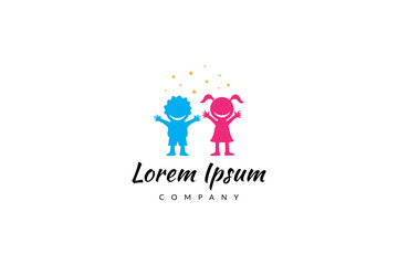 Happy children's logo decorated with stars in flat design style