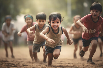 A group of happy children running outside, dirty and happy Asian boys and girls playing on the ground, kids participating in a sports, ai generated