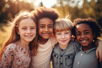 Cheerful joyful children looking at camera, group portrait of happy kids huddling, diverse multiethnic boys and girls together in nature, friendship or children's day concept, ai generated