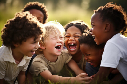 Children having fun in nature, happy kids playing together, diverse multiethnic boys and girls hanging out with friends, children's day concept, ai generated