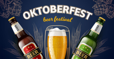 Oktoberfest poster. Annual beer holiday realistic elements, glass goblet and bottles with different drink varieties, web banner template, party ad, 3d isolated elements, utter vector concept