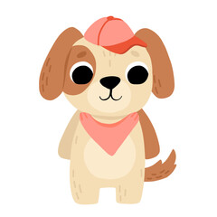 Cartoon cute baby dog standing with hat. Isolated summer vector illustration for childrens book.