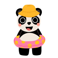 Cute cartoon baby panda in hat and swim ring smiling. Isolated vector illustration for childrens book.