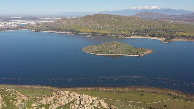 Slow pan drone flight over looking Lake Perris 2 of 2