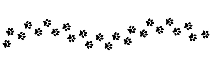 Fototapeta na wymiar Paw vector foot trail print of cat. Dog, puppy silhouette animal diagonal tracks for t-shirts, backgrounds, patterns, websites, showcases design, greeting cards, child prints and etc. Vector.