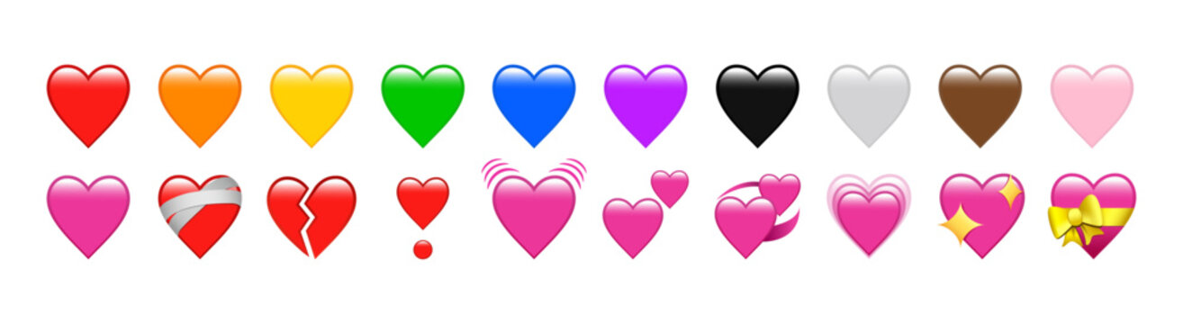 Iphone Whatsapp Heart Emojis set. Sparkling, growing, two Hearts, beating, revolving, broken, mending, heart exclamation, red, orange, yellow, green, blue, black, emoji. Facbook, Twitter, Samsung