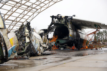 Naklejka premium Debris of ukrainian airplanes destroyed at Hostomel airfield