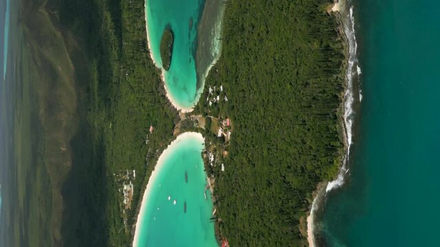 Vertical aerial over Kuto, Kanumera Bays separated by Kuto Peninsula. Isle of Pines.