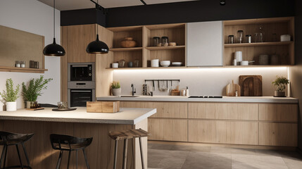 Simple minimalist modern kitchen cozy comfortable and elegant for house and apartment, cabinet, kitchen sink, and some kitchen appliances, dinning room, good interior.