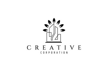 Skyscraper or city building logo decorated with leaves in line art design style
