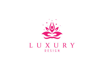 Lotus flower logo with meditating person symbol in pink color flat design style