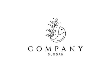 Fish logo with tail combination plant shape in line art design style