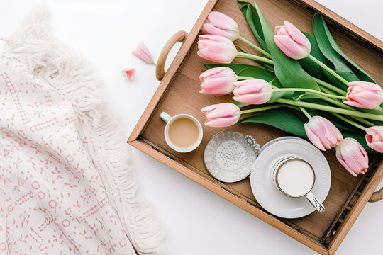Top view photo of a wooden tray filled with pink and white tulips, a teacup and a book on a white background. 