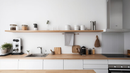 Fototapeta na wymiar Simple minimalist modern kitchen cozy comfortable and elegant for house and apartment, cabinet, kitchen sink, and some kitchen appliances, dinning room, good interior.