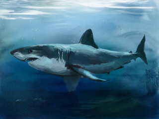 A great white shark swimming near the surface of the water. Digital painting