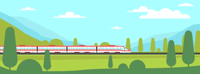 Zelfklevend Fotobehang Super express train travels on railroad with mountains and forest in background. Modern rail landscape, summer nature panorama, road station. Cartoon flat illustration. Vector concept © YummyBuum
