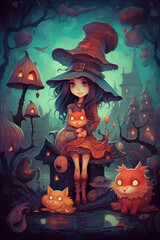 The Little Witch and the Enchanted Creatures: A Magical Journey in a Comic Style Digital Painting with Vibrant Contrasting Colors