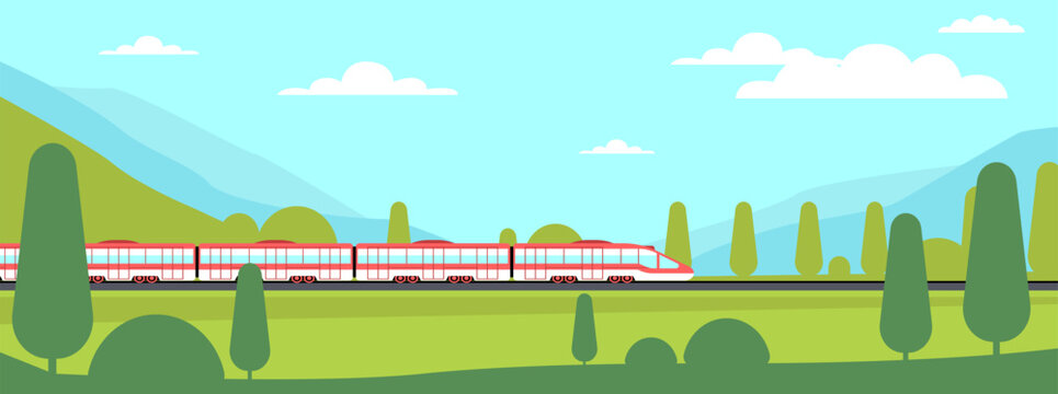 Super express train travels on railroad with mountains and forest in background. Modern rail landscape, summer nature panorama, road station. Cartoon flat illustration. Vector concept