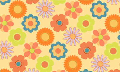 70s Retro bakcground. seventies flowers seamless pattern.  Hippie aesthetics, vintage style, fall colors. Retro textile design, vector illustration..eps