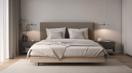 Simple minimalist modern bedroom cozy comfortable and elegant for house and apartment, good interior.