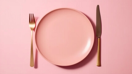 Woman with a fork, knife, and empty plate on pink background