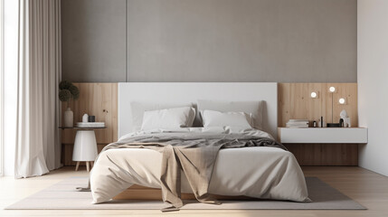Fototapeta na wymiar Simple minimalist modern bedroom cozy comfortable and elegant for house and apartment, good interior.