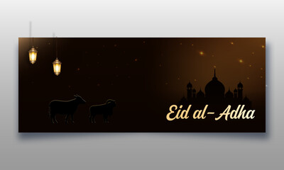 Eid Al Adha Islamic religious header with silhouette of mosque and sacrificial goat