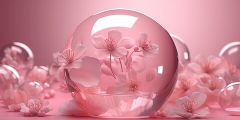 3D Rendering of Transparent Bubbles with 30% Opacity - Flowery Background AI generated