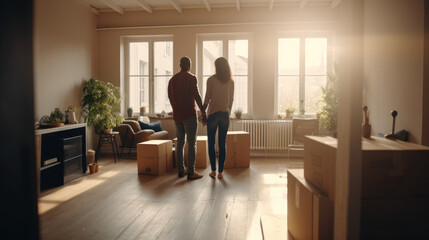 A young couple in a new apartment among cardboard boxes. Moving day. Generative AI