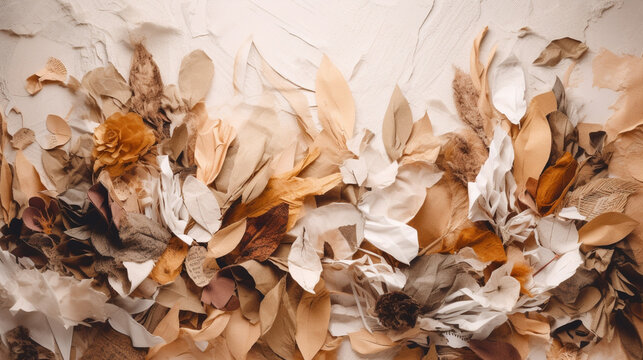 Creative fall atmosphere art mood board. Handmade collage made of magazines and torn paper cut clippings. Mixed texture background with space for text. Beige, brown and taupe colors