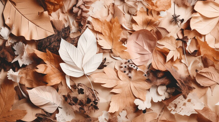 Creative fall atmosphere art mood board. Handmade collage made of magazines and autum leaves cut clippings. Mixed texture background with space for text. Beige, brown and taupe colors.