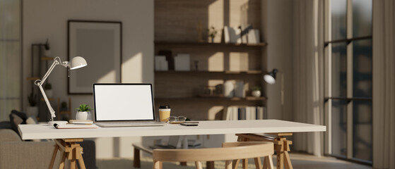 Minimal Scandinavian home office workspace interior design with laptop mockup on a white table