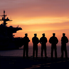 5 Navy service men standing on the edge of the aircraft carrier USS Enterprise (CV-6) at dawn in silhouette looking out at the vast expanse of the ocean with a sky filled with hues of orange and pink.