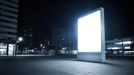 Obraz na płótnie Canvas Blank vertical street billboard stand with city background. Urban advertising. Generative AI