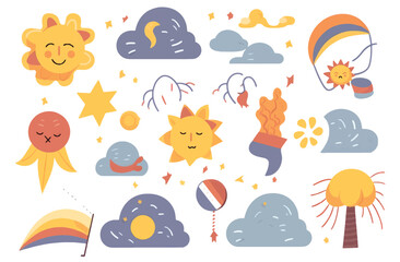 Various Clipart of Sun and Wether Element in the Style of Emotive Storytelling Techniques, Cute and Dreamy, Set of Vector