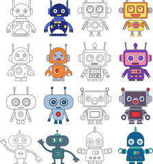set of robots, androids for children's coloring, vector