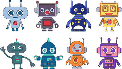 set of robots, androids in doodle style, vector